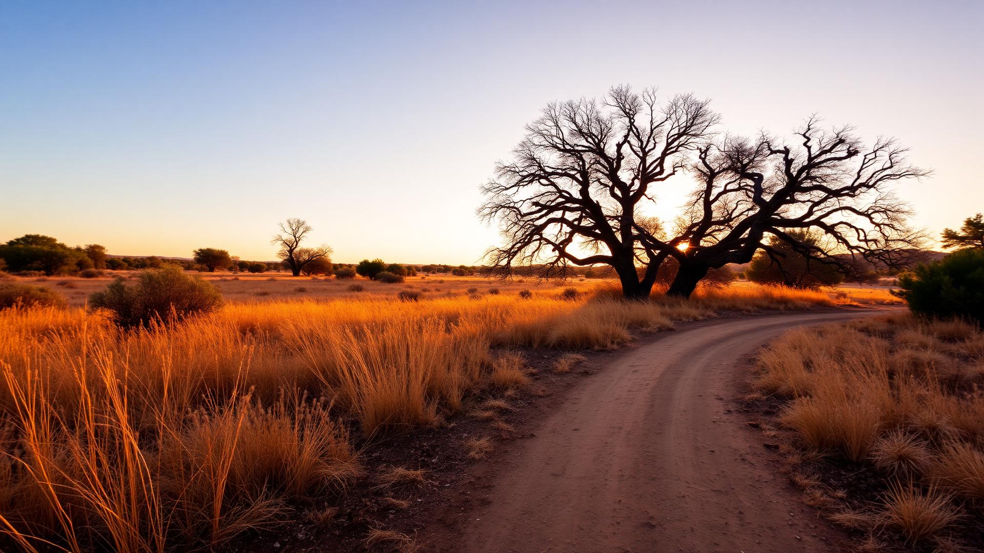 A park trailhead opening onto a dirt path through dry grass at golden hour